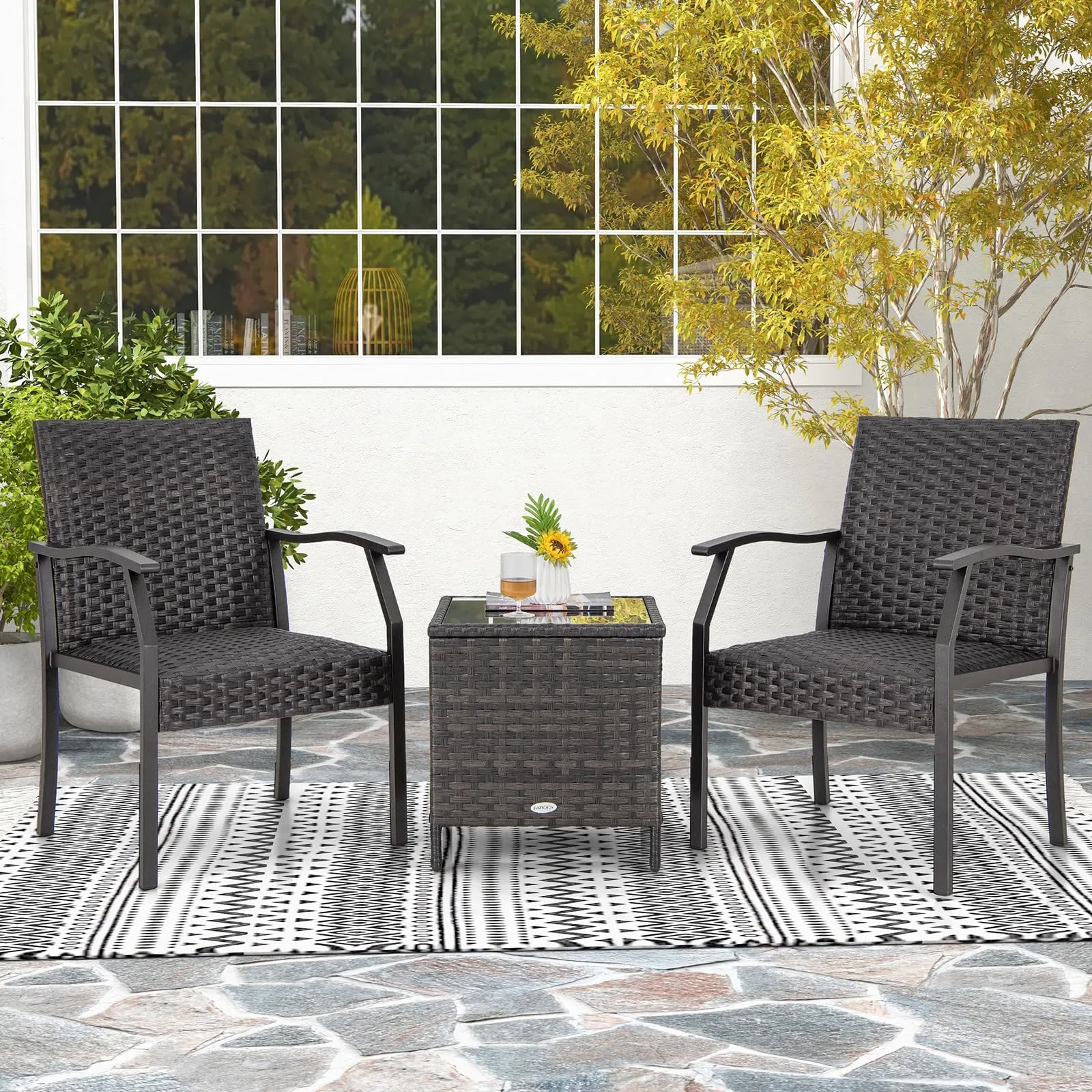 Tangkula 3 Pieces Patio Wicker Chair Set, Waterproof All Weahter Heavy Duty Outdoor Conversation Set