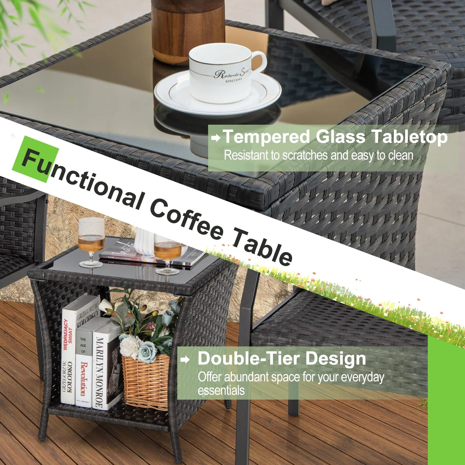 Tangkula 3 Pieces Patio Wicker Chair Set, Waterproof All Weahter Heavy Duty Outdoor Conversation Set