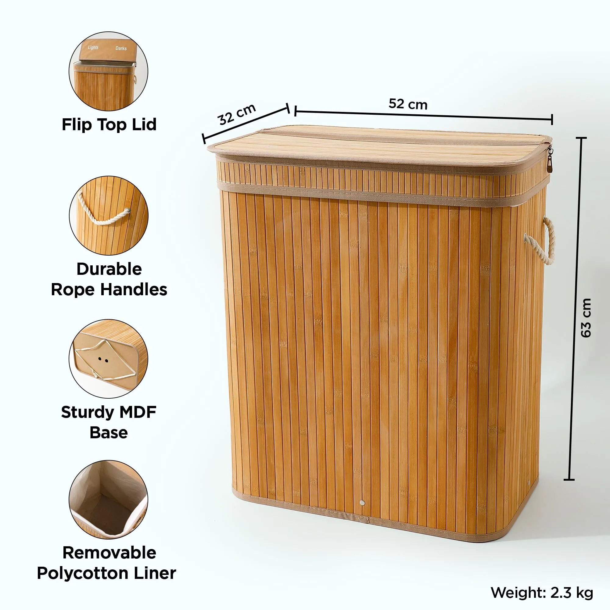 UMAI Bamboo Basket for Storage(52 * 32 * 63cm) Laundry Basket for Clothes With Lid | Home Organizer Items and Storage | Eco Friendly | Compact and Easy to carry | Home Storage Organizer | Brown