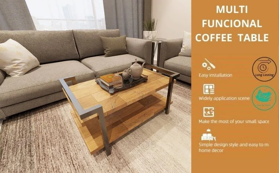 Ventuos 2 Layer Small Coffee Table with Metal Frame Sofa Side Coffee Tables Perfect for Indoor and Outdoor Use in The Home, Workplace, Hotel, and Office (2 Tier Coffee Table Black)